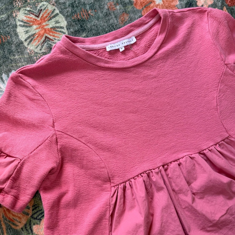 English Factory Pink Mixed Media Mini Dress Short Sleeve Ruffle‎ Babydoll Size M